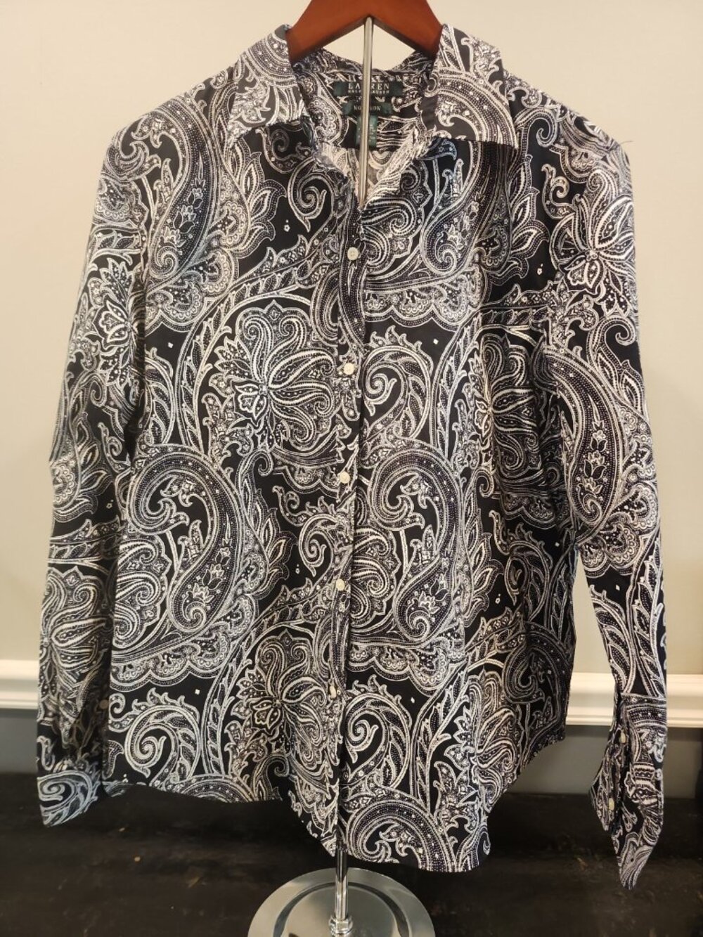 Lauren Ralph Lauren~PAISLEY~Non-Iron~Button-Up Shirt~XL~Black~White~100% Cotton